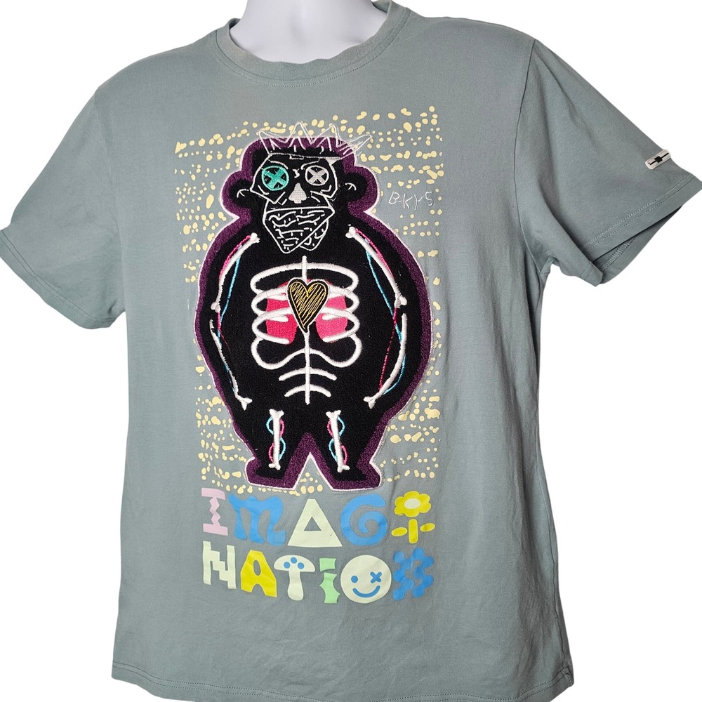 BKYS Graphic T-Shirt Mens Medium Sage Green Imagination Skeleton Chenille Patch